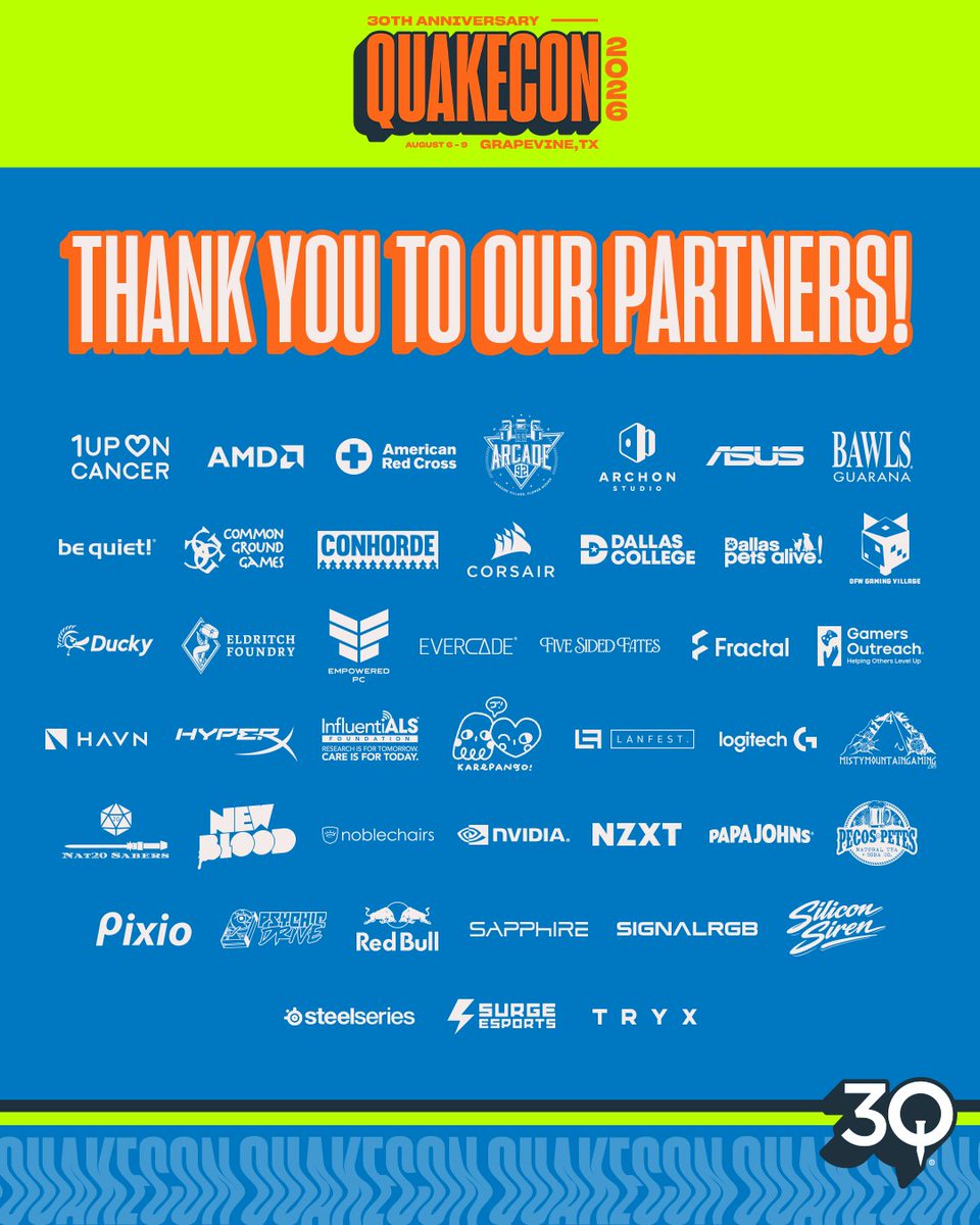 QuakeCon's tweet photo. Thank you to our partners -- you all are the best! https://t.co/lABmNMc6gp