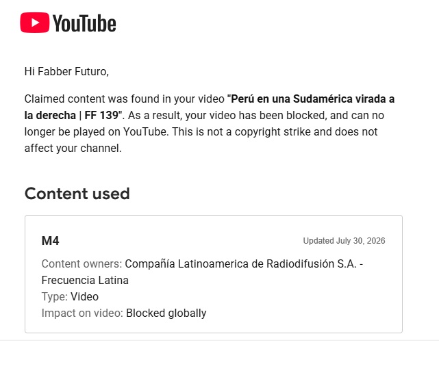 fabber's tweet photo. Hey @Latina_pe¿cómo pueden reclamar copyright y bloquear videos que no tienen nada de su contenido sino de la señal pública de @tvperupe ? Mi video de #FabberFuturo está bloqueado por una reclamación de algo que no les pertenece. cc @IndecopiOficial https://t.co/dSi8ZJFYEt