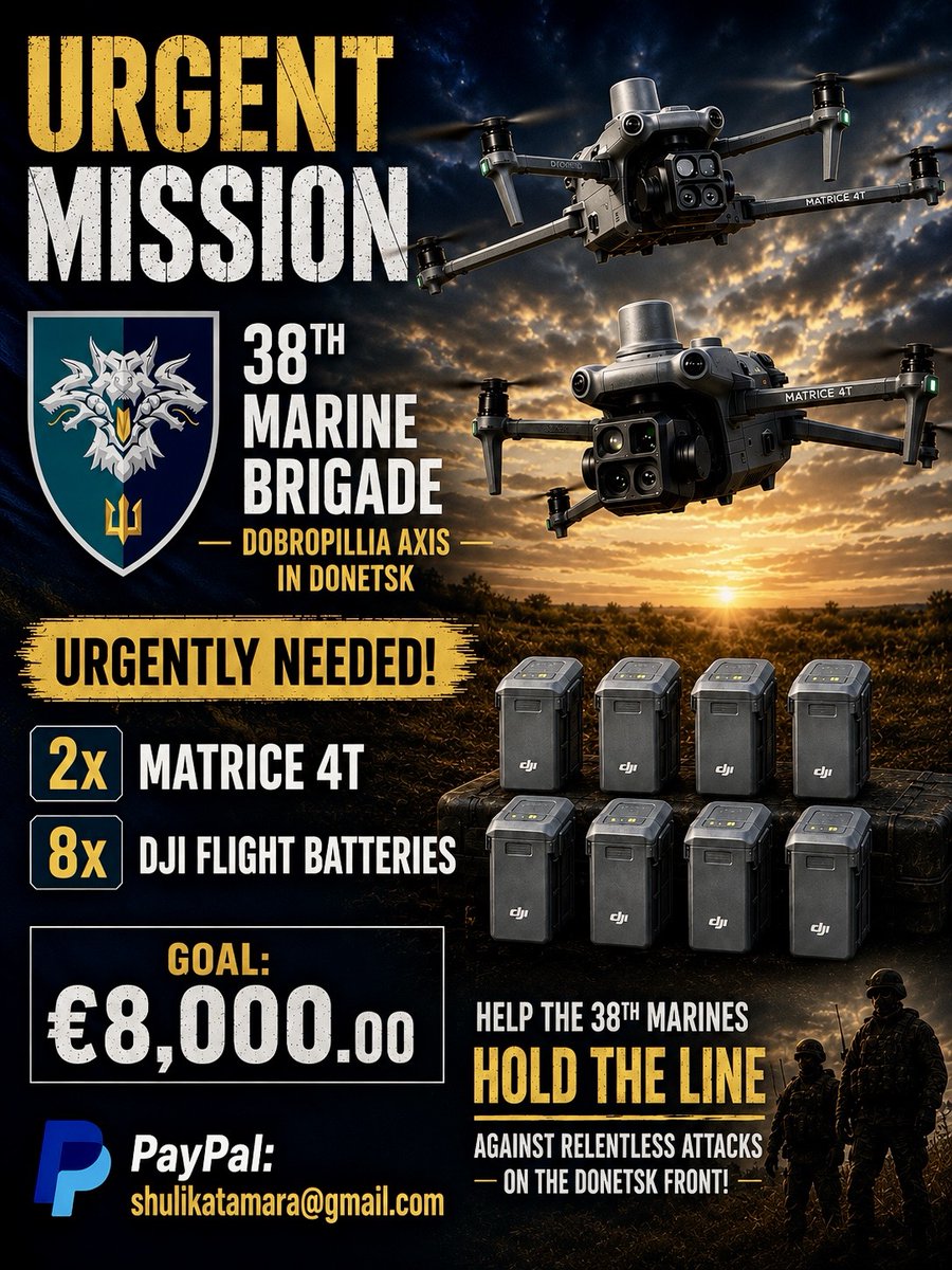 Lorelei_0502's tweet photo. Balance update
Day 20
30.07.2026
#38th Marine Brigade
#Dobropillia axis
2x Matrice
4T 8x DJI Flight Battery for Matrice 4T

Collected in 24 h: +€510
Thank you so much! 🫶

Total Collected: €5,987.87
Goal: €8,000.00

Still to go: €2,012.13
💰 PayPal: shulikatamara@gmail.com https://t.co/R5on9yLFvR