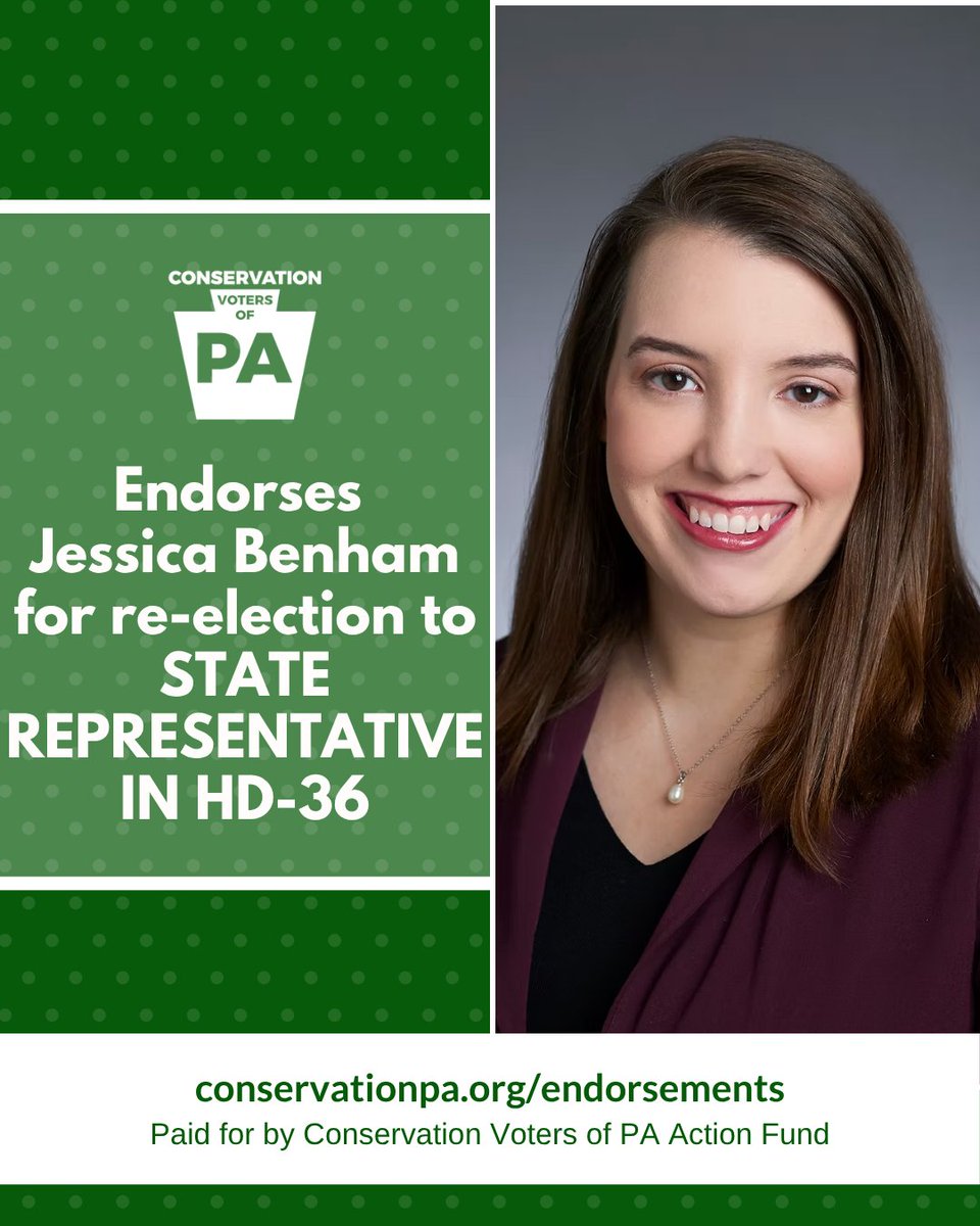 ConservationPA's tweet photo. Conservation Voters of PA Action Fund is proud to endorse Jessica Benham for State House in HD-36 (Allegheny County) @jessicalbenham https://t.co/c5kHiKzGwL