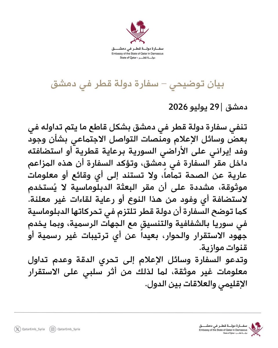 AlArab_Qatar's tweet photo. بيان توضيحي -سفارة دولة قطر  في دمشق

#جريدة_العرب
#قطر 
@QatarEmb_Syria https://t.co/q3Etv0snAj