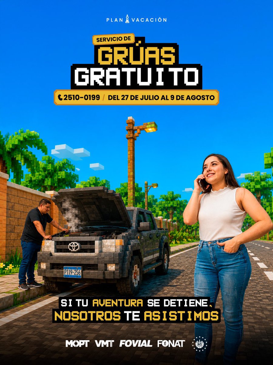 ObrasPublicasSV's tweet photo. Durante este periodo vacacional, del 27 de julio al 9 de agosto, #MOPTeAsiste pone a tu disposición el servicio gratuito de grúas en todo el territorio nacional. Si tienes inconvenientes con tu vehículo, solo debes llamar al 📞 2510-0199. 🇸🇻 https://t.co/ap5eI07HcP
