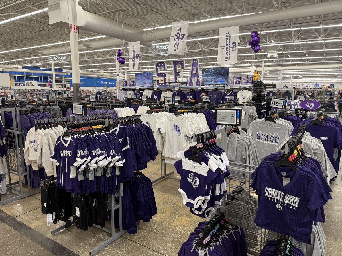 SFASU's tweet photo. It was great to welcome executive leadership from Walmart to Nacogdoches alongside Coca-Cola, @SFA_Athletics to celebrate the continued growth of the SFA brand and our partnership.

Thanks to enrollment growth and record-breaking licensed merchandise sales, SFA has advanced into a new merchandising tier within Walmart’s collegiate program, creating new opportunities to bring even more Lumberjack gear to Walmart stores. 🪓💜 #AxeEm
