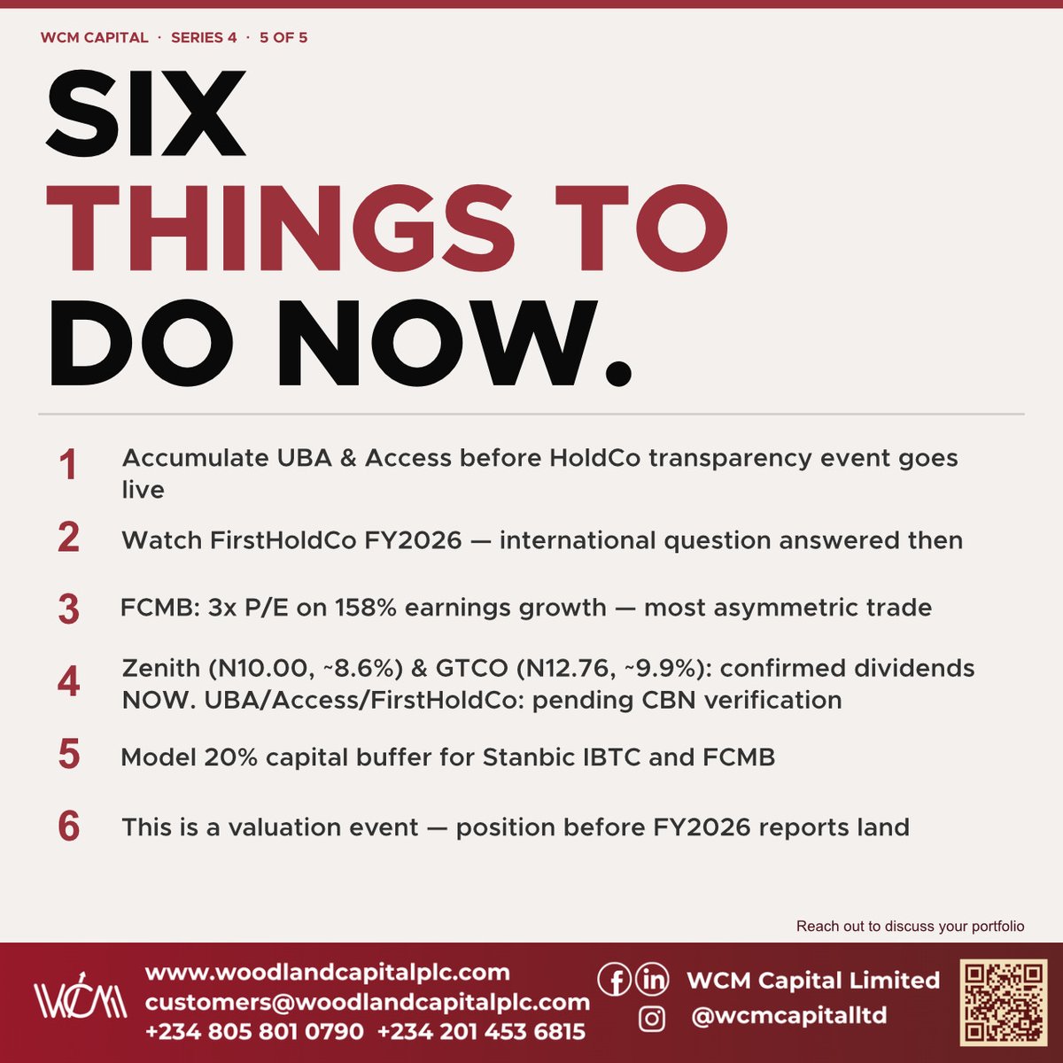 WCMPLC's tweet photo. Five posts. One framework. Six things to do now.

1. Accumulate UBA and Access ahead of the international earnings transparency event.
2. Watch FirstHoldCo's FY2026 annual report — that is when the international story gets told. Zenith H1 gives the clean peer comparison.
.... https://t.co/olYyfqOSJS