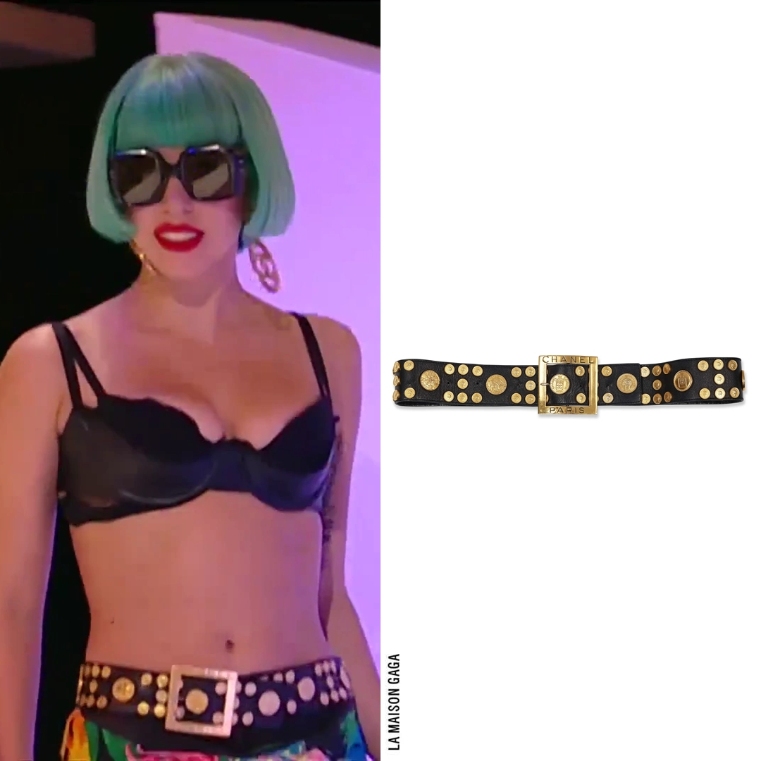 LaMaisonGaga_'s tweet photo. Look at this hot bitch. Lady Gaga on Le Grand Journal in vintage @Versace Miami-print silk pants, vintage @Chanel F/W93 "Sunburst" earrings and coin belt, #FrameFrance sunglasses, #VoidofCourse custom latex gloves and @PleaserShoes "Xtreme-1020" boots. https://t.co/kbS4RWPFP3