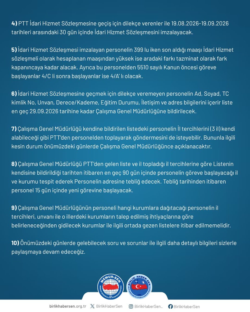 BirlikHaberSen's tweet photo. PTT 399 KAPSAMINDAKİ PERSONELİN NAKLİNE İLİŞKİN DÜZENLEME RESMÎ GAZETE’DE YAYIMLANDI.

#PTT’de 399 Sayılı Kanun Hükmünde Kararname kapsamında çalışan personelin diğer kamu kurum ve kuruluşlarına nakillerinin gerçekleşebilmesi amacıyla hazırlanan kanun teklifi, 31.07.2026 tarihli ve 33326 sayılı Resmî Gazete’de yayımlanarak yürürlüğe girdi.

#Ptt399 #pttihsneolacak

⬇️ Düzenlemenin detayları görselde yer almaktadır. ⬇️