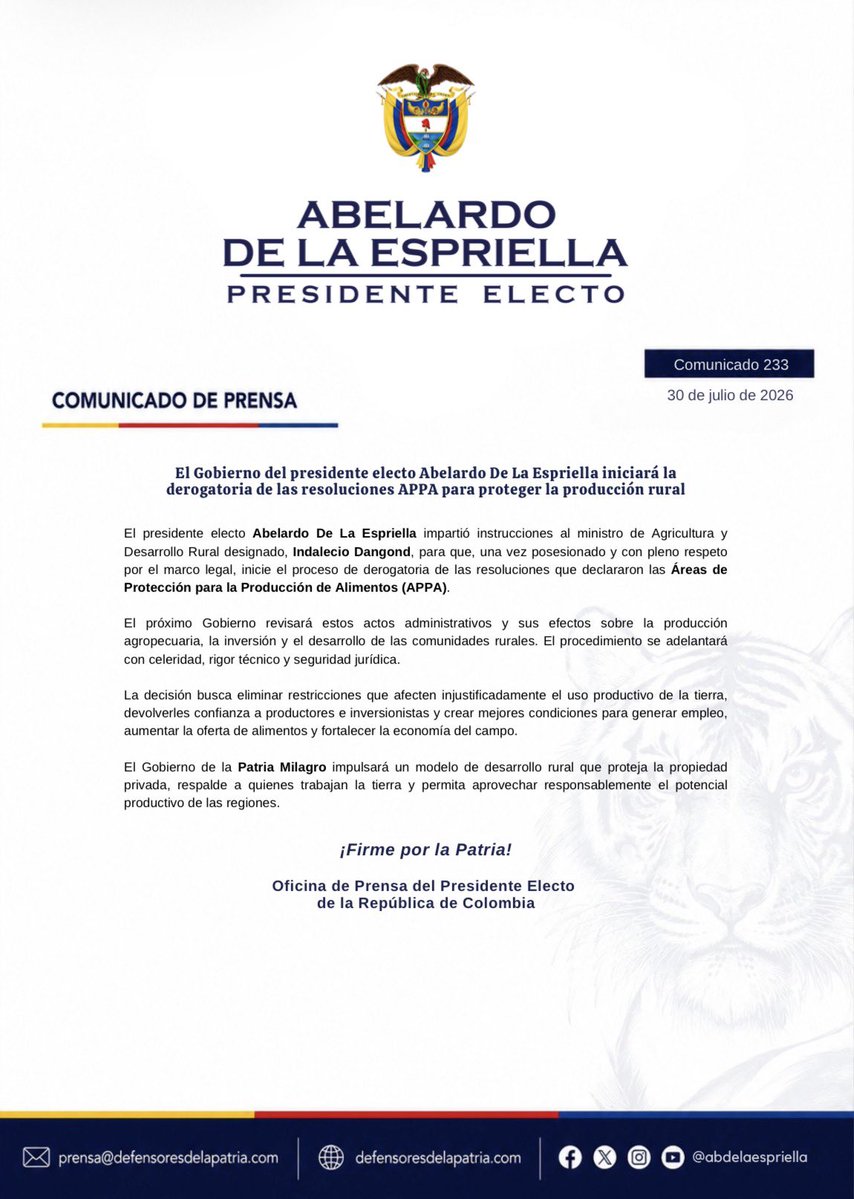 defensoresco's tweet photo. #ATENCIÓN | El presidente electo de Colombia, Abelardo De La Espriella (@ABDELAESPRIELLA), anunció que su Gobierno iniciará la revisión y derogatoria de las resoluciones que declararon las Áreas de Protección para la Producción de Alimentos (APPA), con el propósito de fortalecer la producción agropecuaria y brindar mayor seguridad jurídica al campo colombiano.