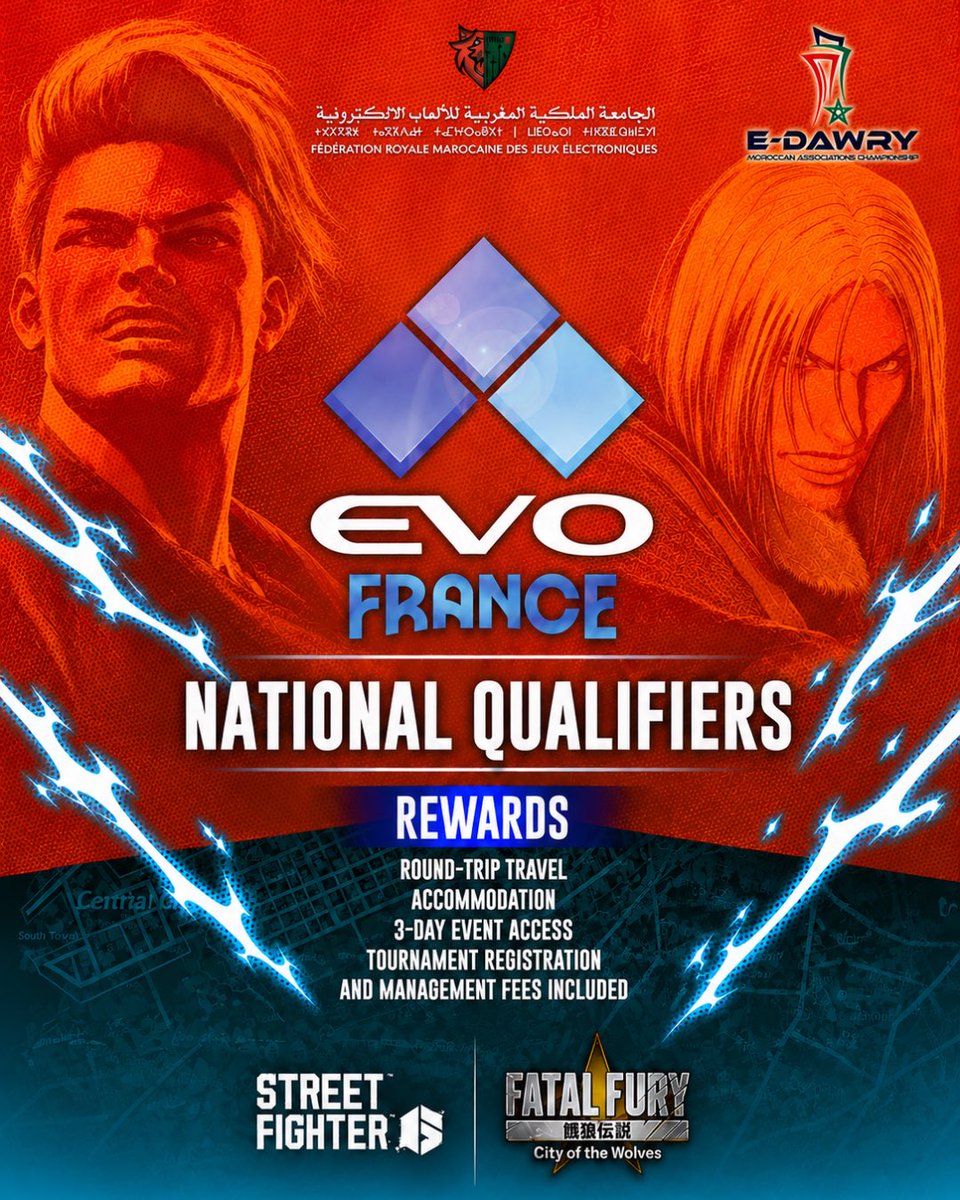 FRMJEOFFICIEL's tweet photo. فرصة استثنائية لأبطال E-DAWRY 2026 !

سيحصل بطلا منافسات Street Fighter 6 وFatal Fury: City of the Wolves ضمن بطولة E-DAWRY 2026 على تأهل مباشر للمشاركة في بطولة EVO France 2026، إحدى أكبر بطولات ألعاب القتال في العالم. 🇲🇦🔥

#Roadtoevo https://t.co/fNysGA5qIc