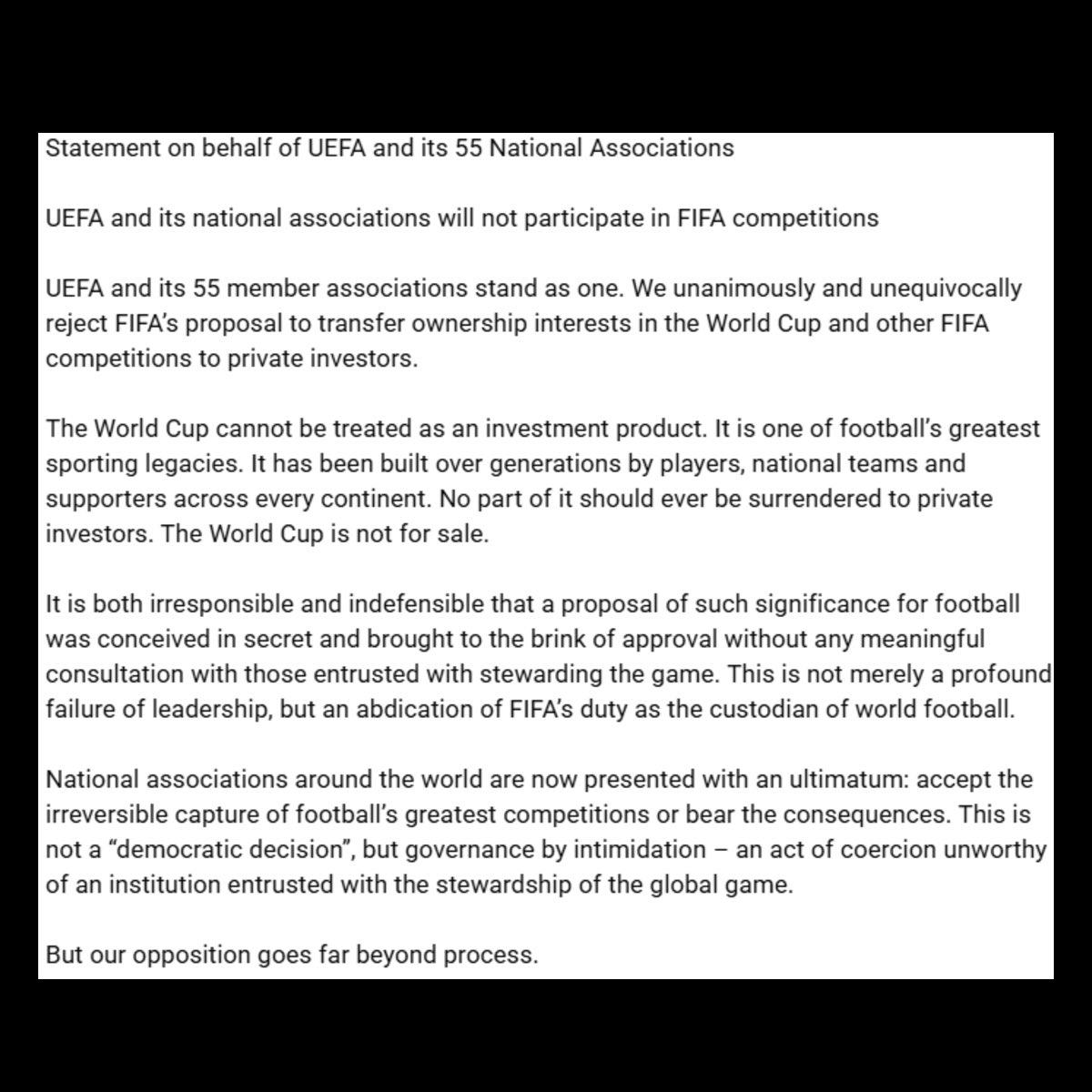 OldHenan's tweet photo. All 55 UEFA nations have reportedly voted to boycott the FIFA World Cup over plans to sell tournament stakes to private investors, according to The Times. “The World Cup is not for sale.” https://t.co/kukkIwWT9b