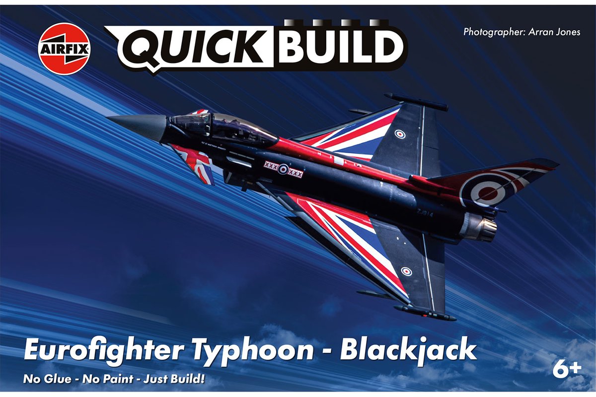 NewModellers's tweet photo. Flying into stock this week from Airfix's QuickBuild Range is their Eurofighter Typhoon in BlackJack livery. Product Code: J6059. 
The pre-coloured pieces simply push together, without glue or paints. 
The Eurofighter Typhoon was built for endurance. https://t.co/XYKsscPWMb https://t.co/iU2sFEaUfo