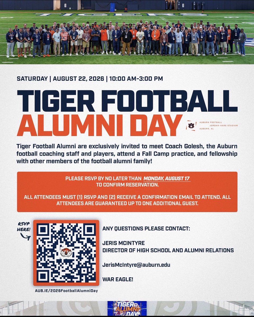 JerisMcIntyre's tweet photo. Inviting ALL Tiger Football Alumni exclusively to

TIGER FOOTBALL ALUMNI DAY

Saturday , August 22

10:00am to 3:00pm 

Must RSVP by no later than Monday, August 17

All attendees must 1) RSVP and 2) receive a confirmation email to attend. All attendees are guaranteed up to ONE additional guest

Link Below 

https://t.co/yGVyRPj4rm

Feel free to reach out to me with any questions: JerisMcIntyre@auburn.edu 

WAR EAGLE ‼️🦅 🐅