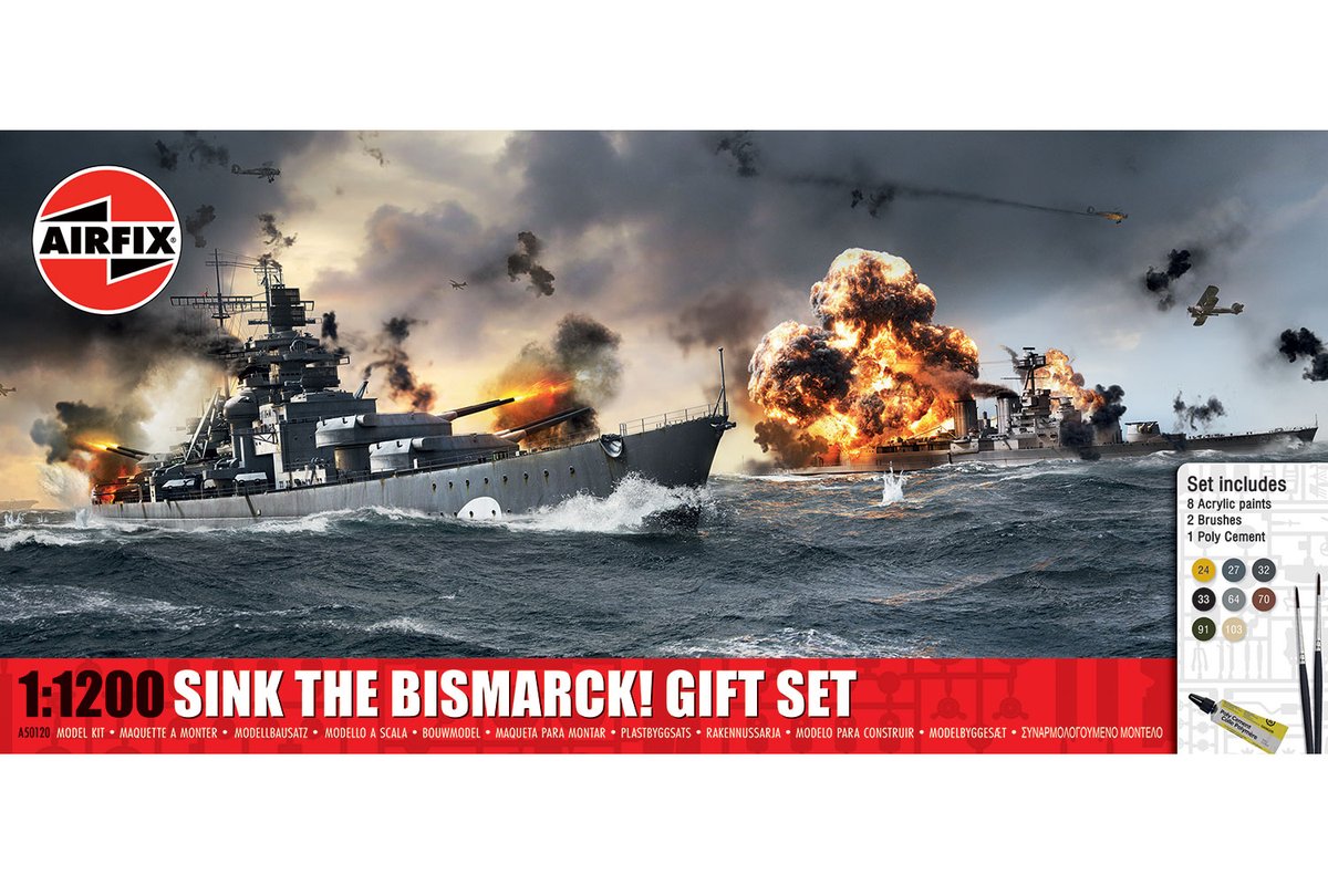 NewModellers's tweet photo. Coming Today! Airfix - Sink The Bismarck! Gift Set - A50120
As one of the most powerful battleships to have ever taken to sea, Bismarck posed a huge threat to the Royal Navy and Britain’s vital sea lanes, a threat which had to be neutralised. 
https://t.co/IgpZTzwwBy https://t.co/748EohZzQn