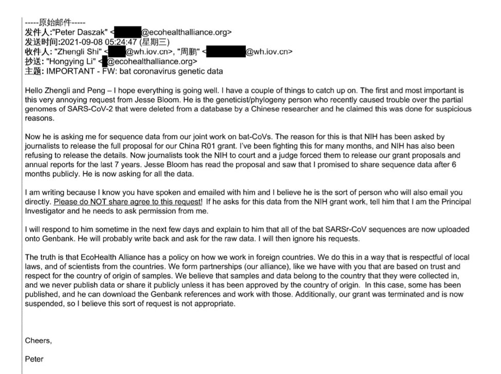 TheSeeker268's tweet photo. The next day, Daszak does something stunning.

He alerts WIV scientists (Shi Zhengli and Peng Zhou) that Jesse Bloom is requesting genomic data regarding bat coronaviruses studied under EHA’s NIH grant, and explicitly instructs the WIV not to share the data with Bloom.

He then openly admits that EHA was "fighting" the disclosure to keep US taxpayer-funded research on bat coronaviruses hidden from the public, but "journalists took the NIH to court and a judge forced them."

He outlines his strategy to Shi: he will point Bloom to already published sequences on GenBank, and when Bloom asks for raw data, he will "ignore his requests." 

Daszak justifies this by claiming that because the NIH grant is suspended, Bloom's request is "not appropriate."

This is Daszak, on record, coordinating with WIV to block independent scientific review and subvert the data-sharing requirements of the grant.