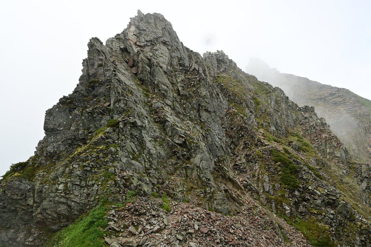 hiroji_mountain's tweet photo. 西穂高岳の山頂を過ぎると、一気に雰囲気が一変します。 

看板には「ここからは一般登山道ではありません」の文字。
確かにこれまで頼りにしていた「〇」印は激減し、一歩足を踏み外せば切れ落ちる岩場とルートファインディングの連続。
ガスも相まって緊張感が跳ね上がります。 https://t.co/rdMoifcjLp