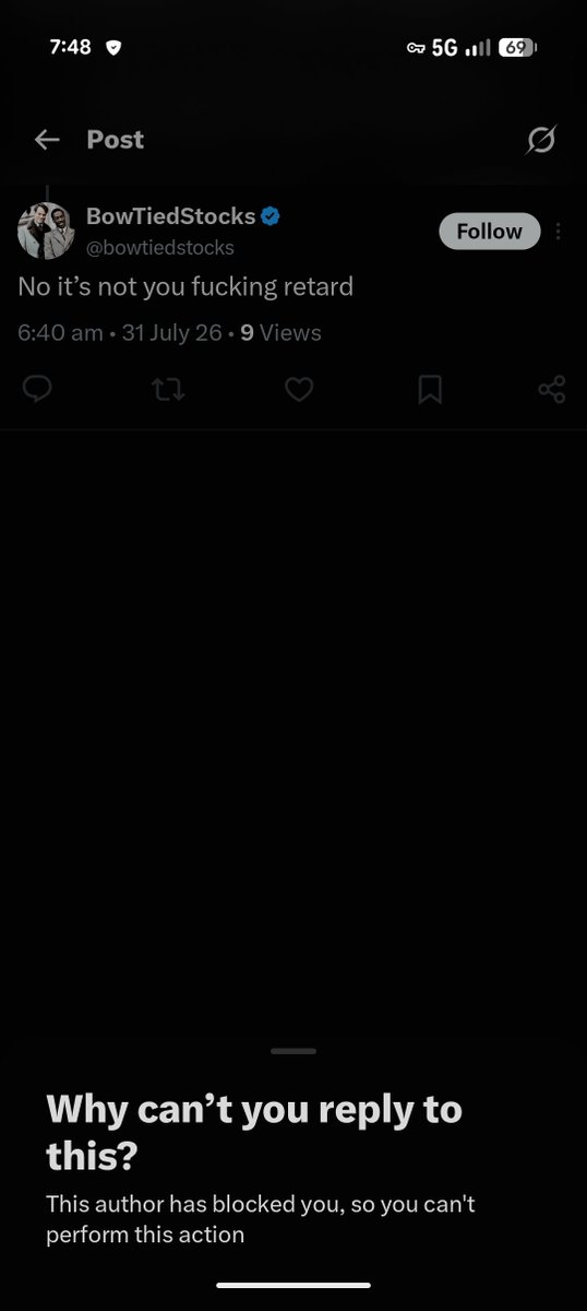 Brad160190's tweet photo. @OnSpeculator Lol this bowtiedstocks bloke is such a pussy little cuck.

I realise now why his shitty little comment section is such an echo chamber, question his stance once and he blocks you so he thinks he's "won" 🤣

What a retard. https://t.co/cbbsE1Ajgj