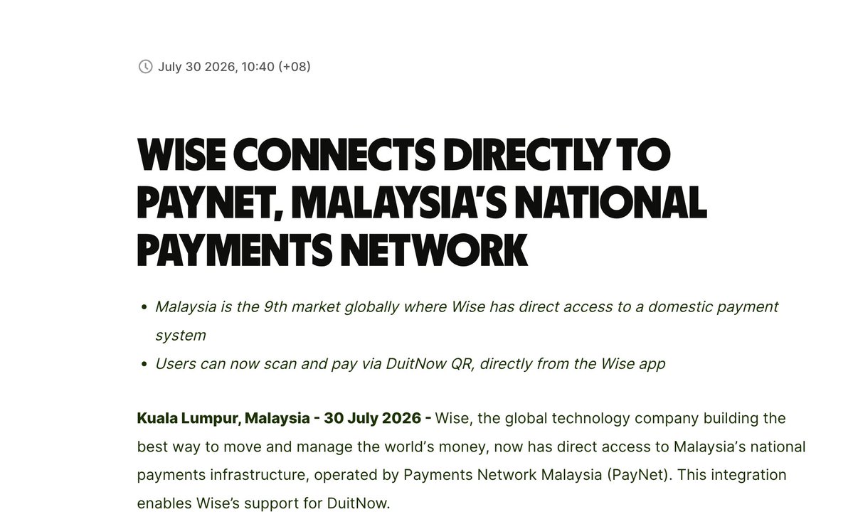 moneyflowinvest's tweet photo. Malaysia PayNet is live. 9 live direct connections for $WSE now, up from only 4 in 2023.

This is where the compounding keeps happening and nobody talks about it. Each one strips an intermediary out permanently, reducing transfer costs and increasing speed (Wise is currently at 77% under 20s and 0.5% take rate)

Also hilarious that 9 payment system regulators have said yes to direct access while the US (The banking mafia) has said no.

$WISE $WSE