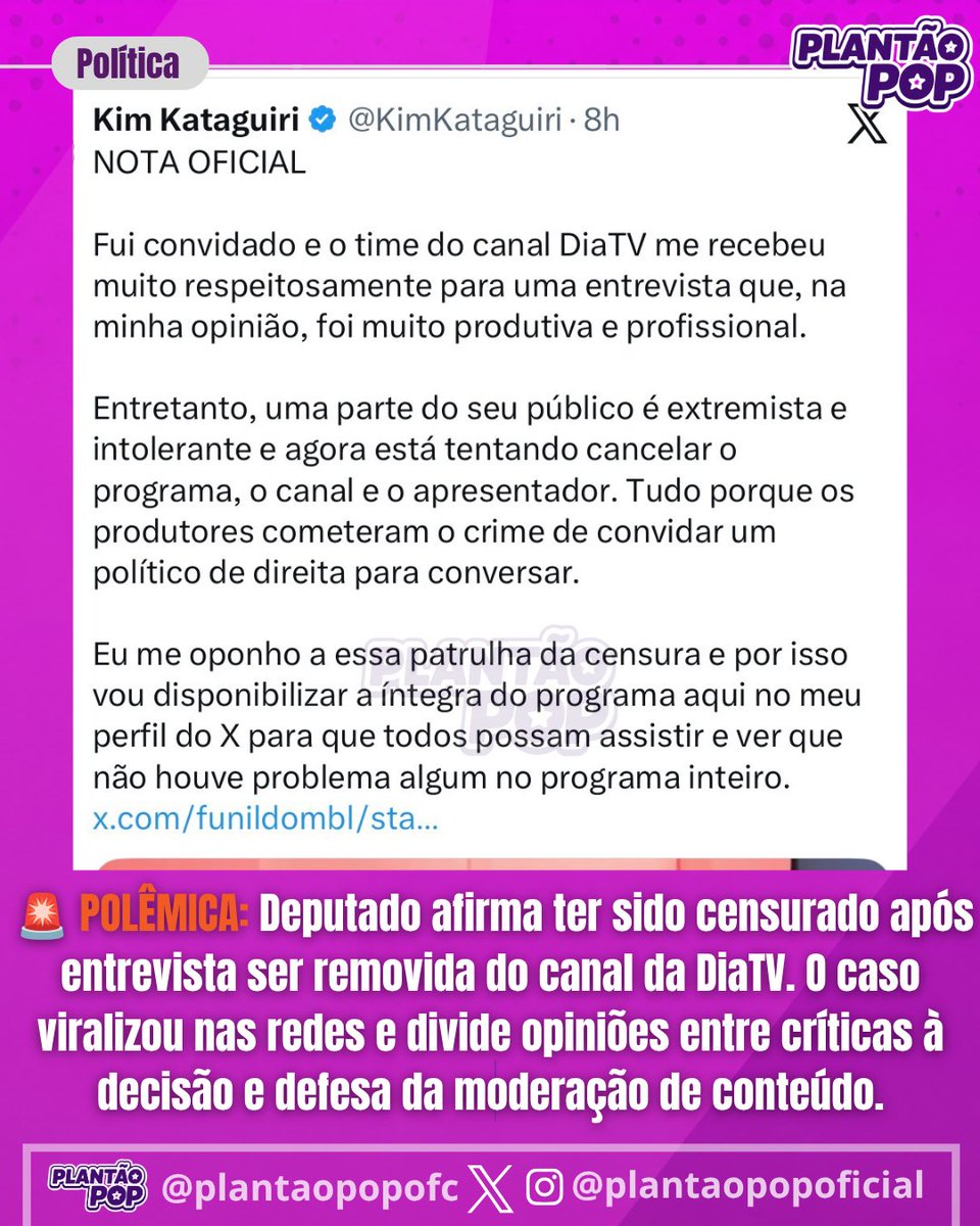 plantaopopofc's tweet photo. 🚨 POLÊMICA: Deputado extremista afirma ter sido “censurado” após entrevista ser removida do canal da DiaTV. O caso viralizou nas redes após a emissora ser duramente criticada por seu público por ter dado espaço para o extremista, logo em seguida o vídeo foi removido da grade! https://t.co/0OGqQWUEXU