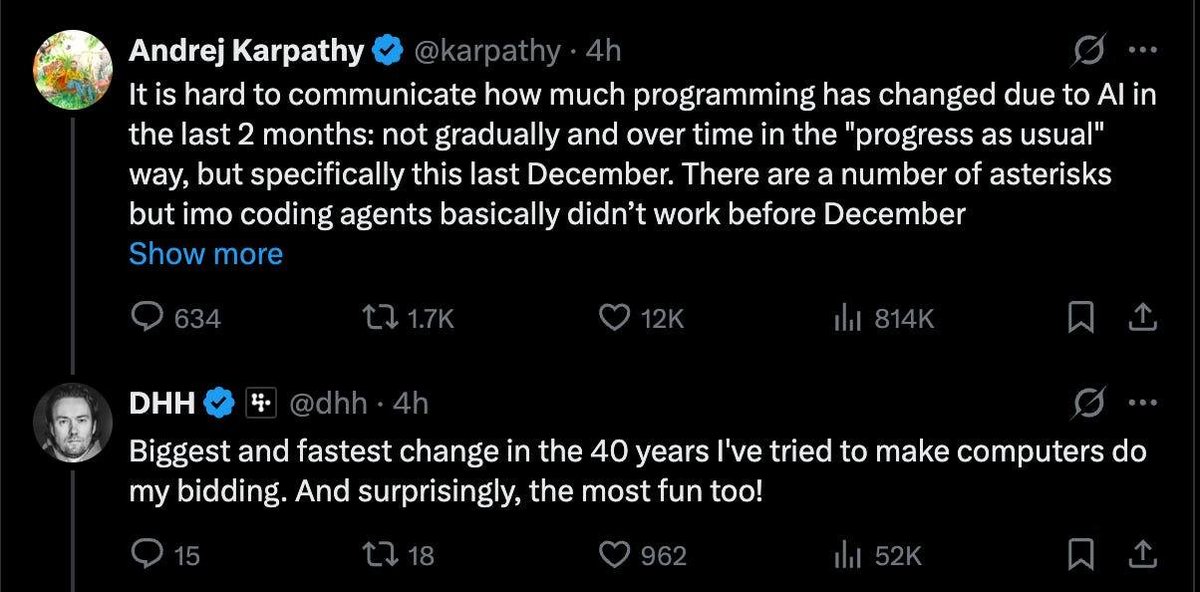 Dev_trader0's tweet photo. The biggest shift in software engineering isn’t that AI can write code.

It’s that the engineer’s role is moving up a layer.

You’re not typing every line into an editor anymore. You’re defining the outcome, giving agents the right context, setting constraints, and reviewing what they produce.

The scarce skill is no longer syntax. It’s judgment.
That may be the most important change to software engineering in decades.