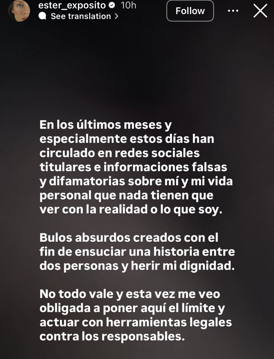 TouchlineX's tweet photo. 🚨📲 𝗡𝗘𝗪: Kylian Mbappé's girlfriend Ester Exposito STATEMENT on IG:

"In recent months, and especially over the past few days, false and defamatory headlines and reports about me and my personal life have been circulating on social media. They have nothing to do with reality or with who I am."

"Absurd rumors created with the intention of tarnishing a relationship between two people and damaging my dignity."

"Not everything is acceptable, and this time I feel compelled to draw the line here and take legal action against those responsible.”