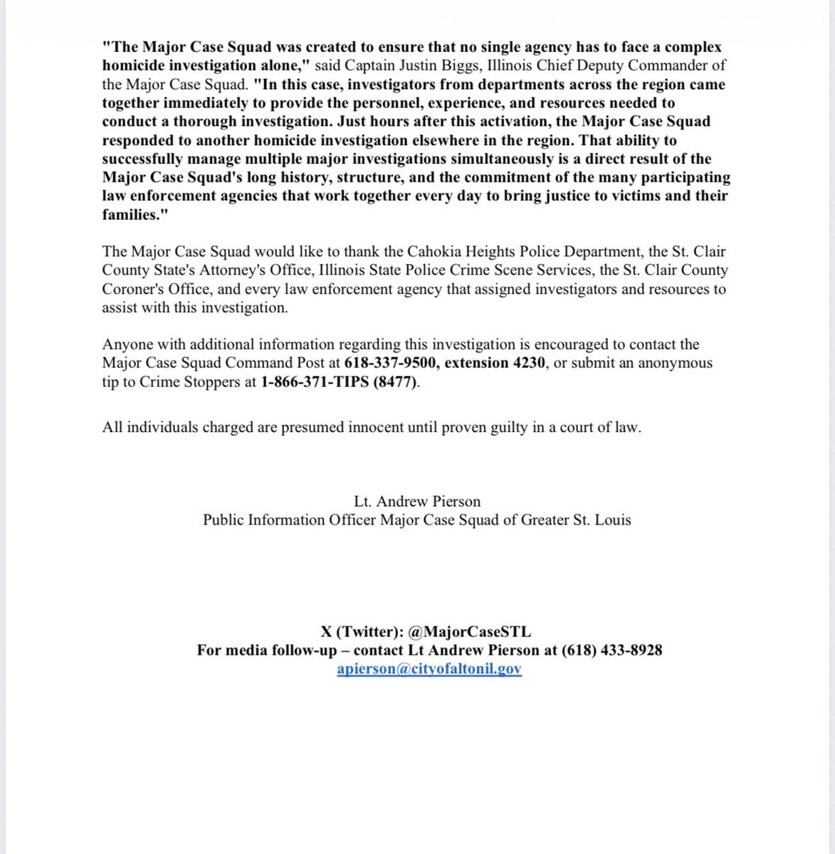 MajorCaseSTL's tweet photo. The Major Case Squad of Greater Saint Louis is announcing that First Degree Murder charges have been filed against Cleveland J. Ware regarding the Cahokia Heights activation. Ware is not in custody. https://t.co/x6s2WH2yxV