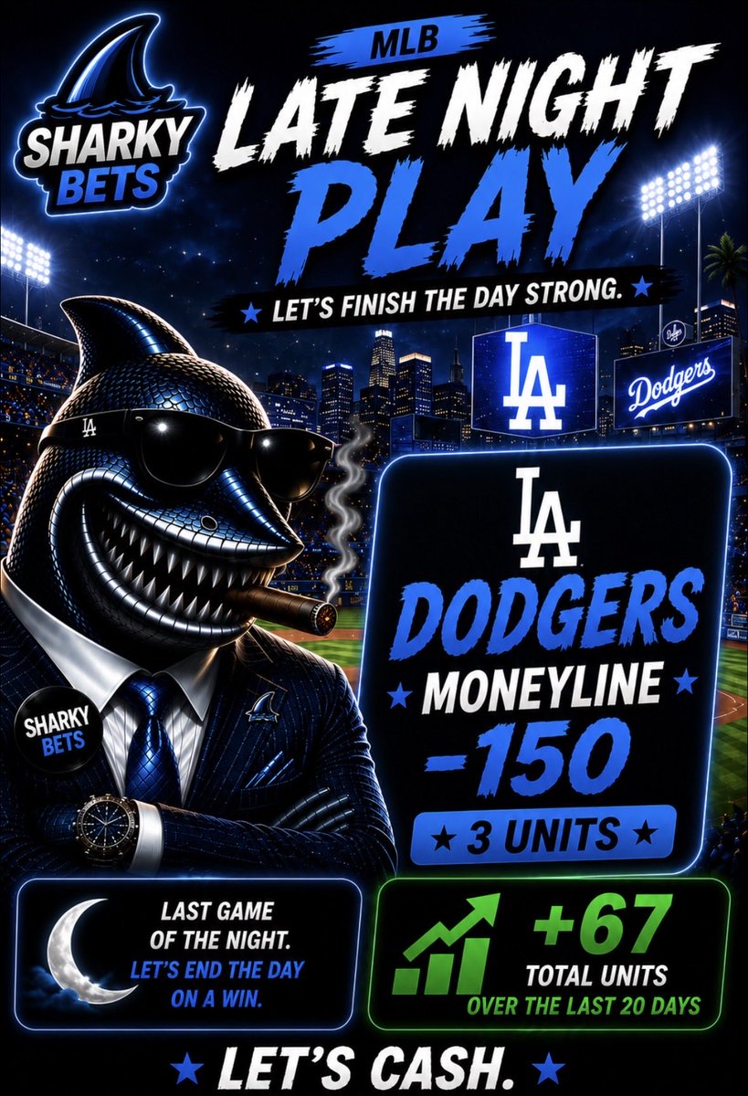 SharkyBets_'s tweet photo. 🌙 MLB LATE NIGHT PLAY 🌙

💎 Dodgers Moneyline (-150) 3U

🔥Let’s finish the day the same way we started it 🦈

📈 +67 Units over the last 20 days https://t.co/IxycMzz1YQ