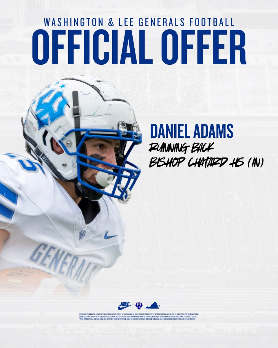Dannyadams_'s tweet photo. After a great conversation with @NickKazandjian, I am excited to receive an offer from Washington and Lee University. 

@coach_rapoza @Coachpadgett71 @BCHSCoachG @BCHSTrojansFB https://t.co/mbZbTiRCTs