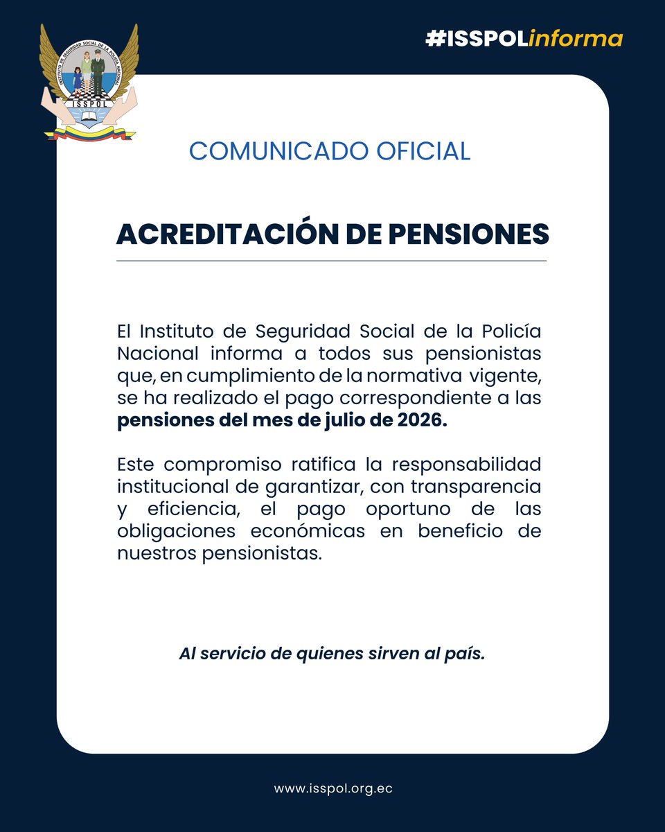 ISSPOL's tweet photo. PAGO DE PENSIONES | 📢
El Instituto de Seguridad Social de la Policía Nacional informa a sus pensionistas que se ha realizado el pago de pensiones correspondientes al mes de julio.
#ISSPOLinforma https://t.co/cYaMUmVErD