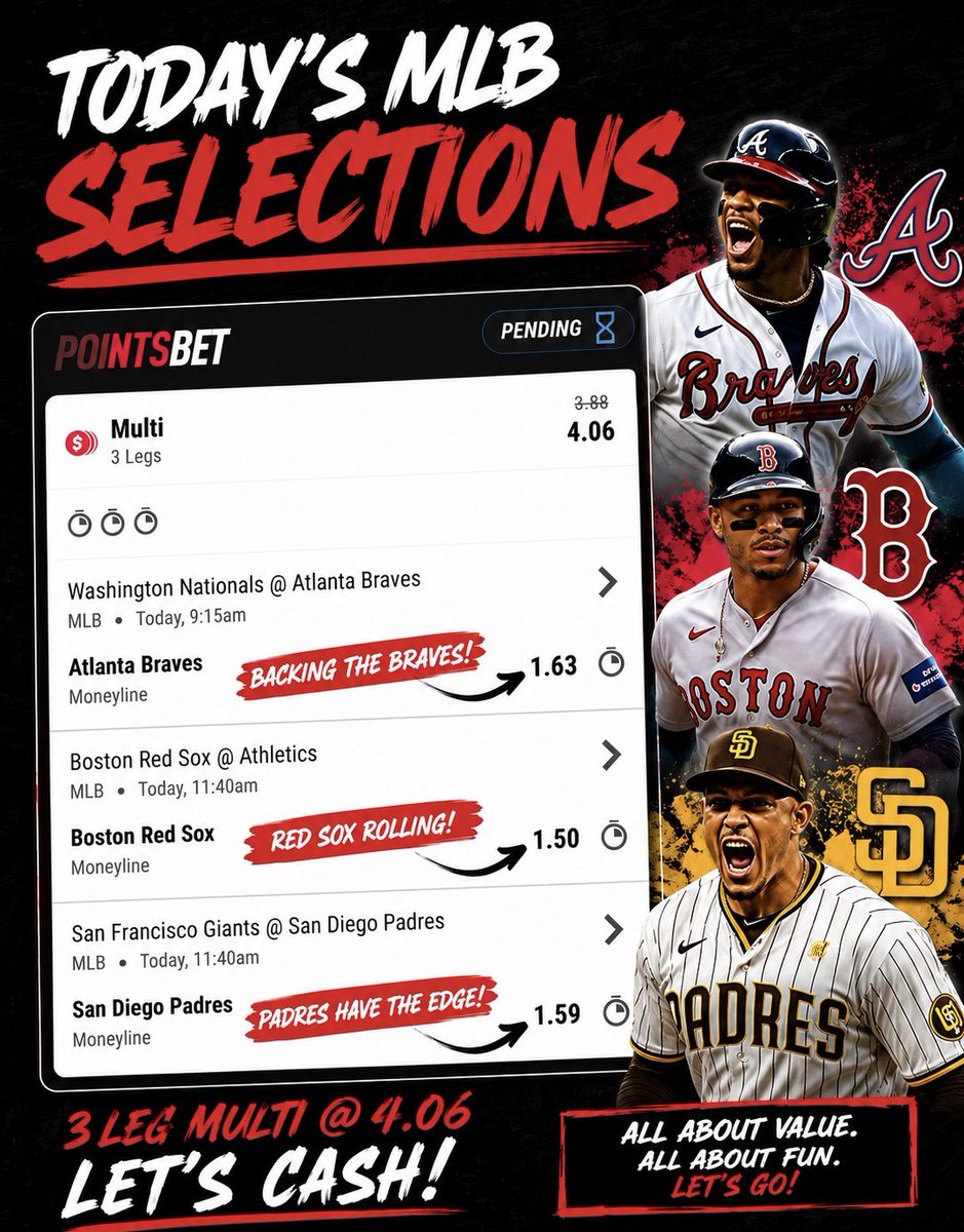 TezzaPunts's tweet photo. 🟢 Braves over Nationals ⭐⭐⭐⭐⭐
Atlanta remains one of the best teams in baseball and is deservedly favoured. This is my best play of the day. 

🟢 Padres over Giants ⭐⭐⭐⭐☆
San Diego is in excellent form and has been building momentum. 

🟢 Red Sox over Athletics ⭐⭐⭐⭐☆
Boston has the deeper lineup and should have the edge.