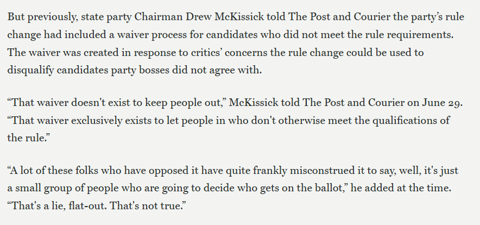JungleBall_2's tweet photo. South Carolina SCGOP Drew McKissick’s explanation is pure gaslighting.
He admits the party created a waiver process controlled by the same insiders the new rules empower… then insists with a straight face that this power “exclusively exists to let people in” and that anyone who notices it can also be used to keep people out is telling “a lie, flat-out.”
That’s not a defense. That’s an insult to the intelligence of every Republican in South Carolina.
A gate that only the gatekeepers can open is still a gate. Pretending otherwise doesn’t make the SCGOP look principled, it makes them look like they think the base is too distracted or too dumb to notice the contradiction.
If the rules are so pure and the waiver so innocent, why does McKissick have to work this hard to deny the obvious?