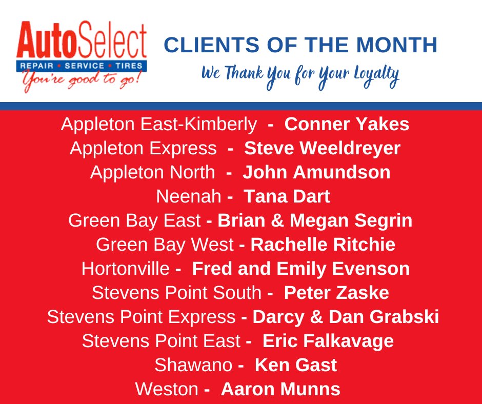 Auto_Select's tweet photo. Check out the clients of the month for July at Auto Select. We appreciate your loyalty! https://t.co/FdD4n5XEau