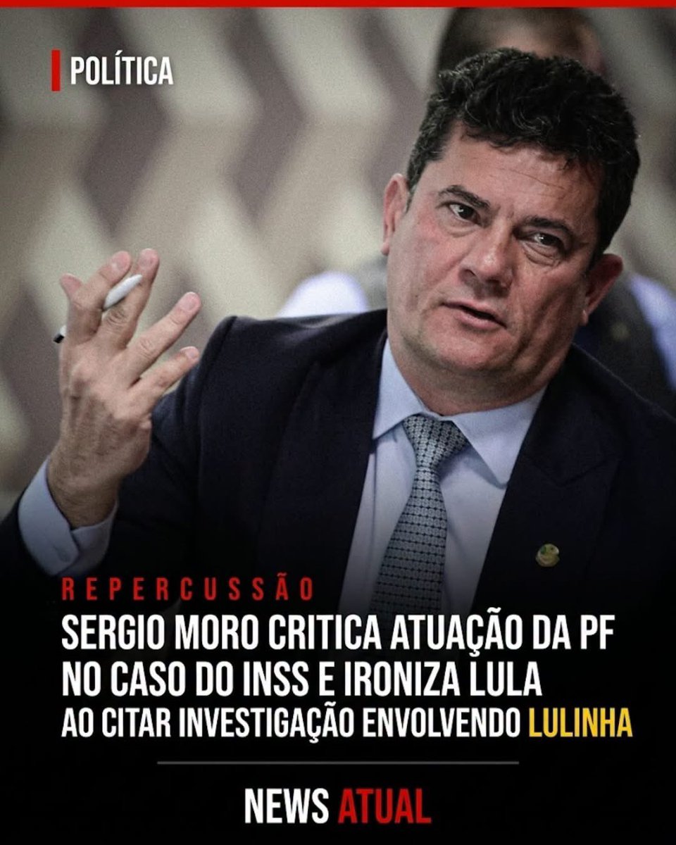 SueliRizzi3's tweet photo. Sergio Moro declara: Mesmo tendo 22 anos de magistratura, nunca vi algo parecido: a cúpula atual da PF querendo acionar a AGU contra um Ministro do STF, no caso o André Mendonça, para controlar as investigações do roubo dos aposentados e pensionistas do INSS! 
Ainda bem que o Lula disse que não iria interferir nas investigações sobre as relações do Lulinha com o Careca do INSS (contém ironia).