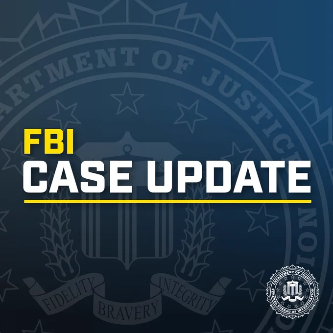 FBI Case Update text overlay with Department of Justice seal in the background and FBI emblem in the corner.