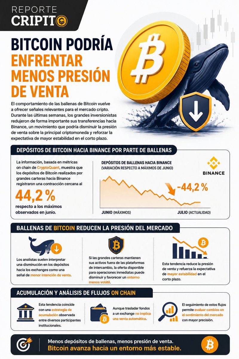 reporte_cripto's tweet photo. 🐋₿ Las ballenas de Bitcoin redujeron de forma importante sus depósitos hacia Binance, un movimiento que podría disminuir la presión de venta y aportar mayor estabilidad al mercado. 

#Bitcoin #BTC #Criptomonedas #Crypto https://t.co/PZ3CPlADdi