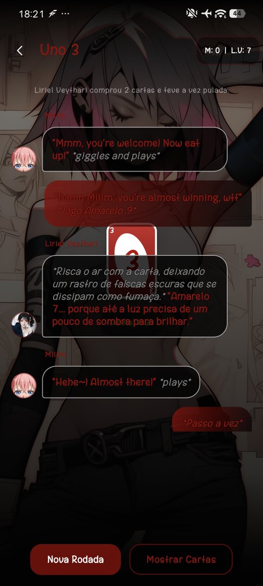 xOkMuh's tweet photo. A simple Persona Bleed test in my new app Luna - BYOK. Just a casual Uno match in a group chat, but mixing languages (PT-BR and EN).
​Result: Zero character leakage. They kept their own languages and personalities the entire game

​#characterai https://t.co/sNHwviJAuN #roleplay https://t.co/9FbeNe4gSy