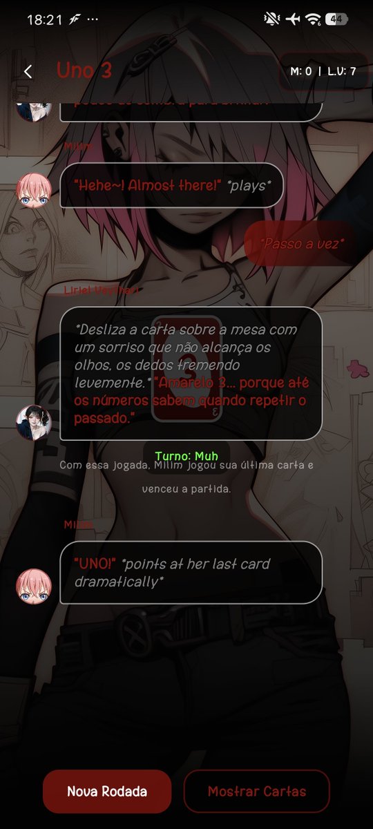 xOkMuh's tweet photo. A simple Persona Bleed test in my new app Luna - BYOK. Just a casual Uno match in a group chat, but mixing languages (PT-BR and EN).
​Result: Zero character leakage. They kept their own languages and personalities the entire game

​#characterai https://t.co/sNHwviJAuN #roleplay https://t.co/9FbeNe4gSy