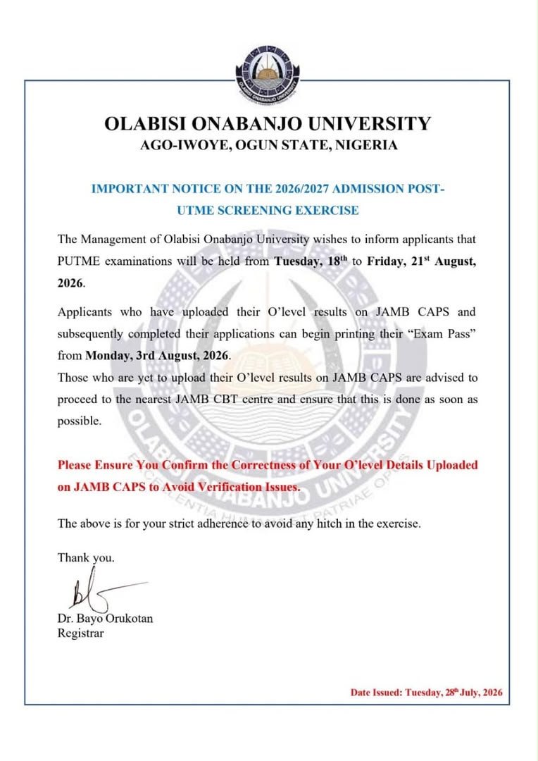 David51964701's tweet photo. The 2026/2027 OOU Post-UTME examination will be held from Tuesday, 18th August, to Friday, 21st August, 2026.

Applicants who have uploaded their O'Level results to JAMB CAPS and successfully completed their applications can begin printing their Examination Pass from Monday, 3rd https://t.co/fKL5H8kOBv
