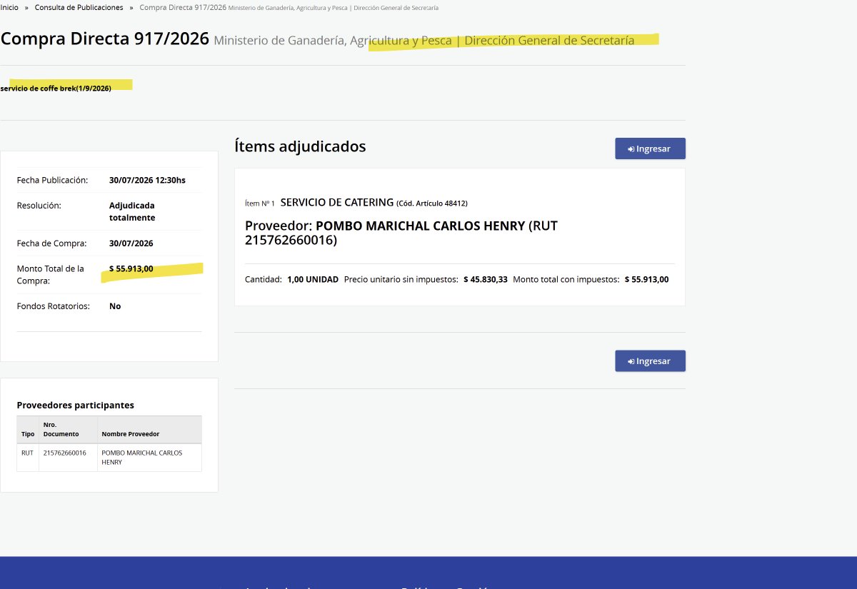 MartinFitz23506's tweet photo. CATERING 🥪: Los uruguayos pagamos $ 55.913 pra SERVICIO DE CATERING para la Dirección General de Secretaría del MINISTERIO DE GANADERÍA.

➡️Como dice @AlfredoFratti , si no comieron a costa del pueblo a LLORAR AL CUARTITO, un besito en la frente y a seguir para adelante. https://t.co/oIbrTuJGsG