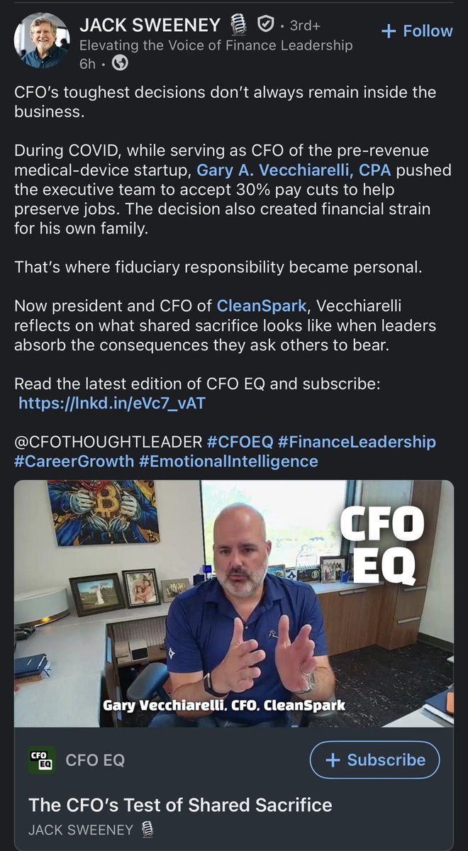 FinancialErnie's tweet photo. $CLSK 
Another reason why I’m bullish on @CleanSpark_Inc is their team. 

When I read this post about how @GaryVec advocated to take a significant pay cut during the pandemic to support the company he was at, it greatly resonated with me. That’s the type is leadership that is willing to do what’s best for the business even when it involves personal discomfort in the process ✊

It didn’t stop with Gary. 

@smatthewschultz was fired up throughout the event speaking with different government representatives in attendance. The company’s vision of scaling their power into data centers is a shared vision that matches with the government’s needed and is mirrored in a large portion of the fintech industry.

@taylorbmonnig was able to speak to every asset of the data center buildout from a technical perspective. His confidence in execution gave me even more resolve in the company.

@harry_sudock, @sprainhill, and @Rex_Finance along with so many more team members were bursting with energy and excitement around this transformative period and it was infectious.

Speaking with them, they’re very enthusiastic about where the business is going. It’s one thing to listen to the audio of an earnings call but to speak with them face to face and see the passion in their eyes, it got me even more fired up about where they’re taking the business and how I can be bullish even through a bearish window of time.

NFA just my personal feelings.