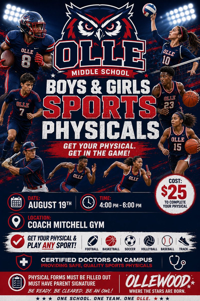 olleathletics's tweet photo. Save the date! August 19th Sports physicals in the Mitchell Gym from 4-6pm @OlleMightyOwls @AliefISD @Alief_Athletics https://t.co/soYITP4nm9