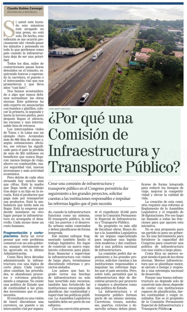 ClaudiaDobles's tweet photo. 🏗️ En este artículo explico por qué presenté el expediente 25.640, para crear una Comisión Permanente Especial de Infraestructura y Transporte Público, como ya existe en otros parlamentos del mundo.
Necesitamos seguimiento técnico, continuidad y una visión de Estado que trascienda cada gobierno.