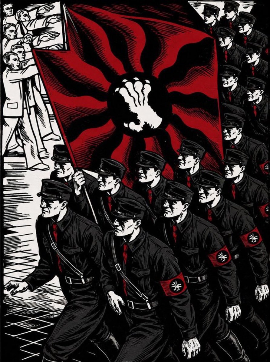 EuroAction's tweet photo. “The National-Syndicalist State aims to resolve the social problem through regulatory interventions by the State in private economies. Its radicalism in this respect depends on the goal set by economic efficiency and the needs of the people. Therefore, without surrendering patriotic, cultural, and religious values to the barbarism of a crude denial as socialism, communism, and anarchism intend, it will achieve social effectiveness better than they do, which is the goal pursued by all.”

- Ramiro Ledesma Ramos