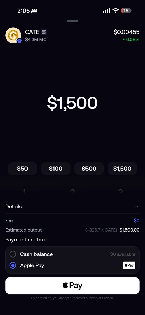 Aurelius0121's tweet photo. Just bought another $1,500 of $CATE using Apple Pay on @FOMO!

I’m extremely bullish here. I think we’re heading to a $50M market cap.

I believe this $1,500 buy will be worth over $15,000 sooner than most people expect. https://t.co/H7lHzJW5lj
