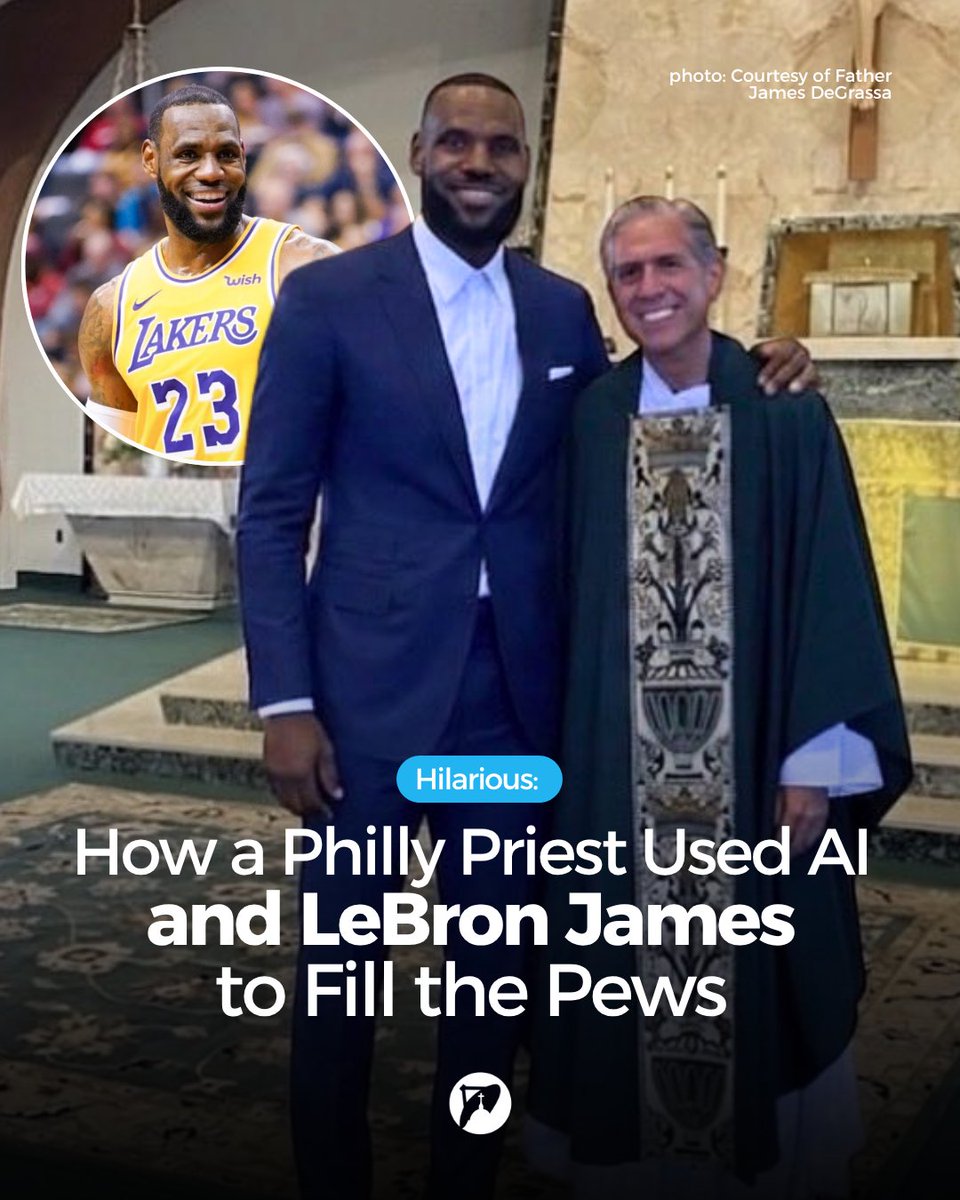 Church_POP's tweet photo. When news broke that LeBron James was heading to the Philadelphia 76ers, the sports-crazed region did what it does best: it went completely wild. 

Across social media, photo-shopped images instantly flooded every feed. Lebron James was suddenly spotted grabbing a hoagie at the local deli, ordering a whiz-wit at the neighborhood steak shop, and hanging out on the streets of Philly.  

Watching the digital frenzy unfold, Father James DeGrassa, pastor of Queen of Peace Catholic Church just north of the city, saw more than just viral memes. He saw a prime pastoral opportunity. 

“I started seeing everybody posting pictures of him. ‘Oh, he’s at our deli,’ or ‘Oh, he’s having our cheesesteak,’” Father DeGrassa told my colleague Zelda Caldwell at the National Catholic Register, adding: “I jumped on the hype.” 

Why let the local sandwich shops have all the fun? Why not capitalize on LeBron fever to get people into the pews? 

Father DeGrassa started by updating the roadside parish marquee: “Welcome LeBron; Mass for Feast of Saint James; Tomorrow at 8 am.”  

Then came the main event. On Saturday — the actual feast day of St. James — he shared an AI-generated image on Instagram featuring himself and the NBA icon posing together right in front of the altar. The caption read: “LeBron James came out to Mass for the Feast of Saint James this morning.” 

Local parishioners, well-accustomed to their pastor’s playful sense of humor, immediately got the joke. What Father DeGrassa didn’t expect was for the algorithm to take the post and run a full-court press across the internet. 

The image rapidly exploded to over 4 million people worldwide. Suddenly, the church office phone began ringing off the hook with calls from confused fans across the country. One caller earnestly asked, “When is the LeBron James Mass?” 

“I’m like, ‘Don’t people realize it’s a joke? He’s not even in the area yet,’” Father DeGrassa said. 
Eventually, the deluge of calls turned the viral moment into “a monster,” prompting the priest to take the photo down. But back home in the parish, the stunt was a slam dunk.  

“Everybody from the 99-year-old woman to the 10-year-old boy was coming out of Mass saying, ‘That’s hilarious. We love that picture of LeBron.’” 

This isn't Father DeGrassa’s first time riding the wave of pop culture. When Taylor Swift brought her Eras Tour to town, he posted a sign advertising “Swift” Masses.  

“I try to catch on to whatever’s happening in the area and build up the hype,” he told Zelda Caldwell at the Register.  

Behind the viral jokes lies a very intentional ministry strategy — one specifically aimed at reaching men who might otherwise spend their weekends glued to the TV. 

“I just try to do whatever’s good to get people to come to church,” Father DeGrassa said. “I just feel like [the men] are the ones that are kind of lost in this area because most of the sports are on the weekend and the guys are watching football all day.” 

The strategy is working. Women in the parish frequently tell him their husbands are finally returning to church after years away. 

As for the viral LeBron post? Father DeGrassa has zero regrets, pointing out that the Gospel reading following the viral uproar happened to be the Miracle of the Loaves and Fishes. “I’m going to talk about how it got multiplied, about how this post got so crazy,” he said. 

And if Lebron James — or anyone else inspired by the viral fake photo — decides to drop in one Sunday? The doors are wide open. 

“Everyone got the joke around here, but it went to like 4 million people,” Father DeGrassa smiled, “so God knows who’s going to show up.” 

https://t.co/cSdGh6wZvu