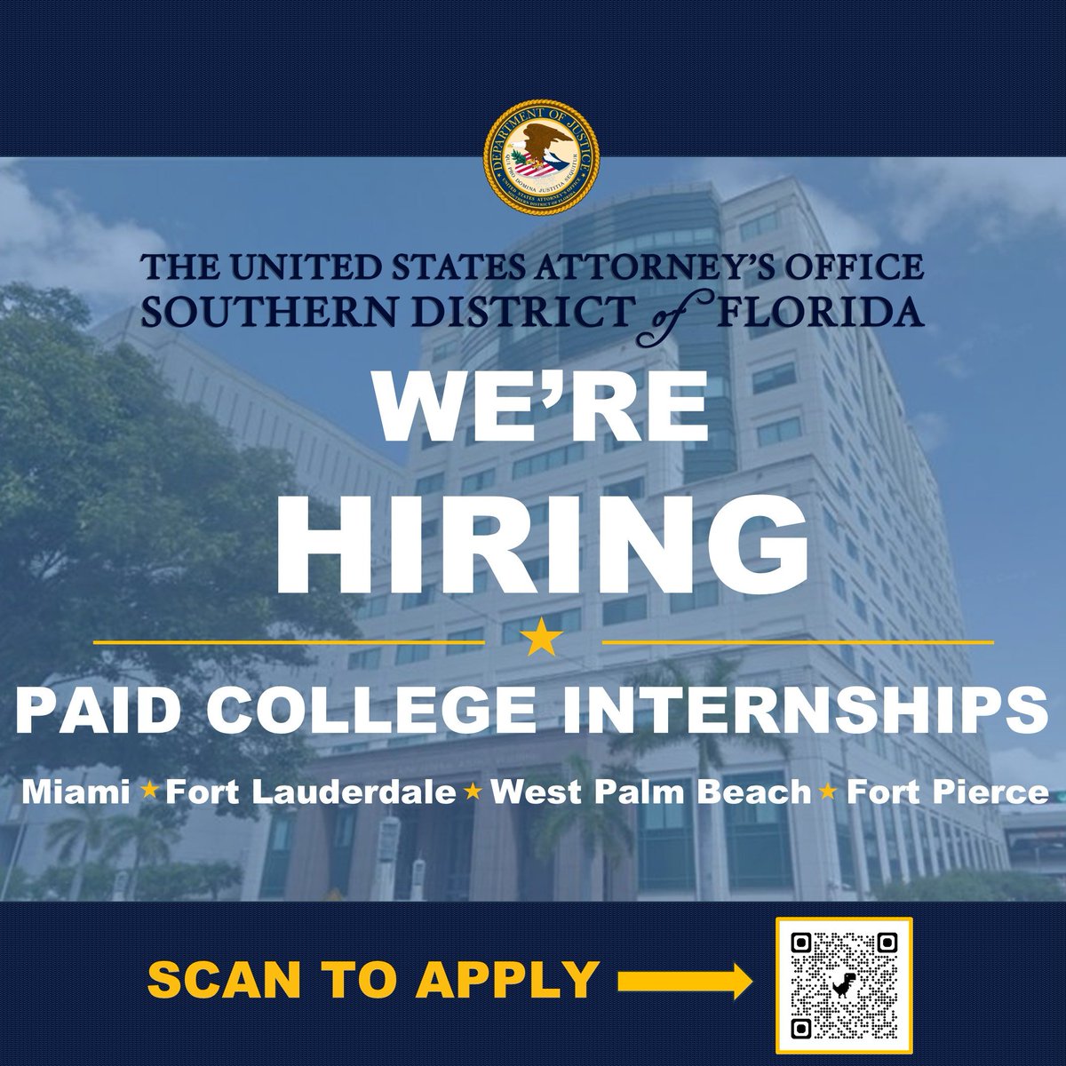 USAO_SDFL's tweet photo. 📣 Launch your public service career with us!

The U.S. Attorney’s Office for the Southern District of Florida has paid internships for Student Trainees who are ready to gain hands-on experience supporting the Department of Justice’s mission.

As an intern, you’ll work alongside dedicated public servants, develop valuable professional skills, and make a meaningful contribution to serving the people of South Florida.

If you’re looking for an opportunity to learn, grow, and make an impact, we encourage you to apply.