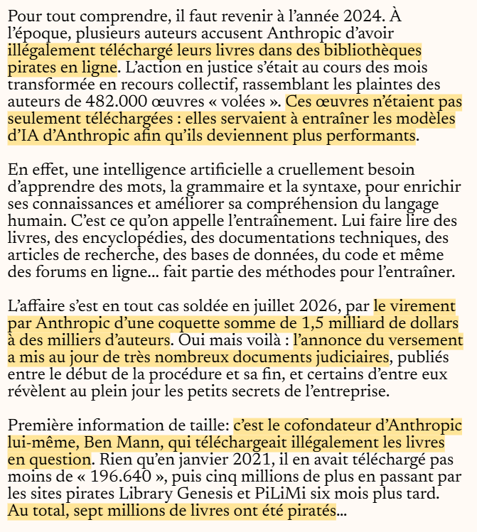 aympontier's tweet photo. De récents documents judiciaires sur l'emploi de livres piratés ont aussi prouvé l’existence du « Projet Panama », vaste opération secrète menée par Anthropic qui a impliqué l’achat et destruction de millions de livres auprès de libraires du monde entier.
https://t.co/Y1ahNEAJjY https://t.co/ScE63bc6W7