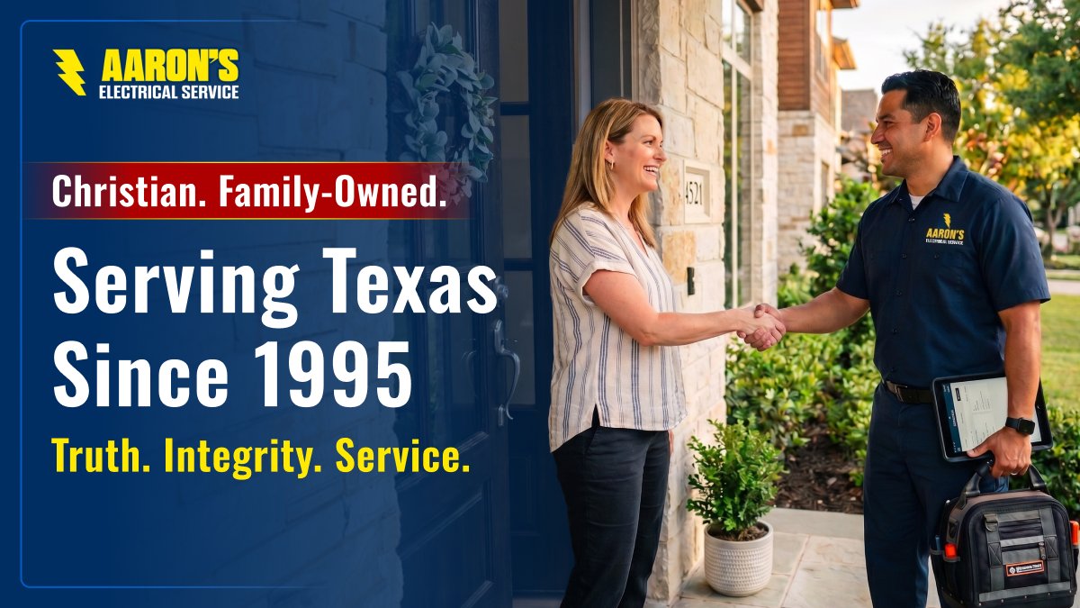 ElectricByAaron's tweet photo. Christian, family-owned and serving Texas since 1995. 🙏⚡

Truth. Integrity. Professional service.

Learn more: https://t.co/ZRIztYSkuL

#HoustonElectrician #DallasElectrician #FamilyOwned #TrustedElectrician https://t.co/asukFM9Xgg