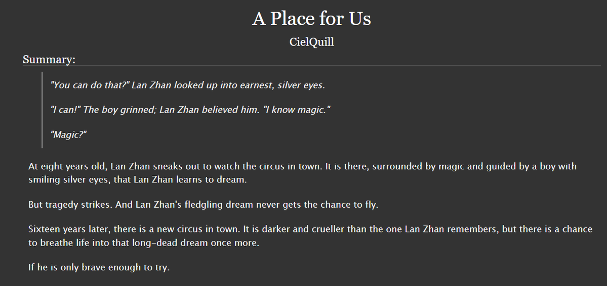 FinallyGotASoMe's tweet photo. @MdzsRbb @arcticthymesalt FIC: https://t.co/G6VcpSOoLZ
🎪🎊🎭

Thanks to Ciel for picking up this project as a pinch hit and crafting an incredible story in half time! 🥹🙏

Thanks to Clare for the support, cheerleading and hours betaing! 🥳💖

Both of you made this an unforgettable experience <3 🪿 https://t.co/KtaHToNBLN