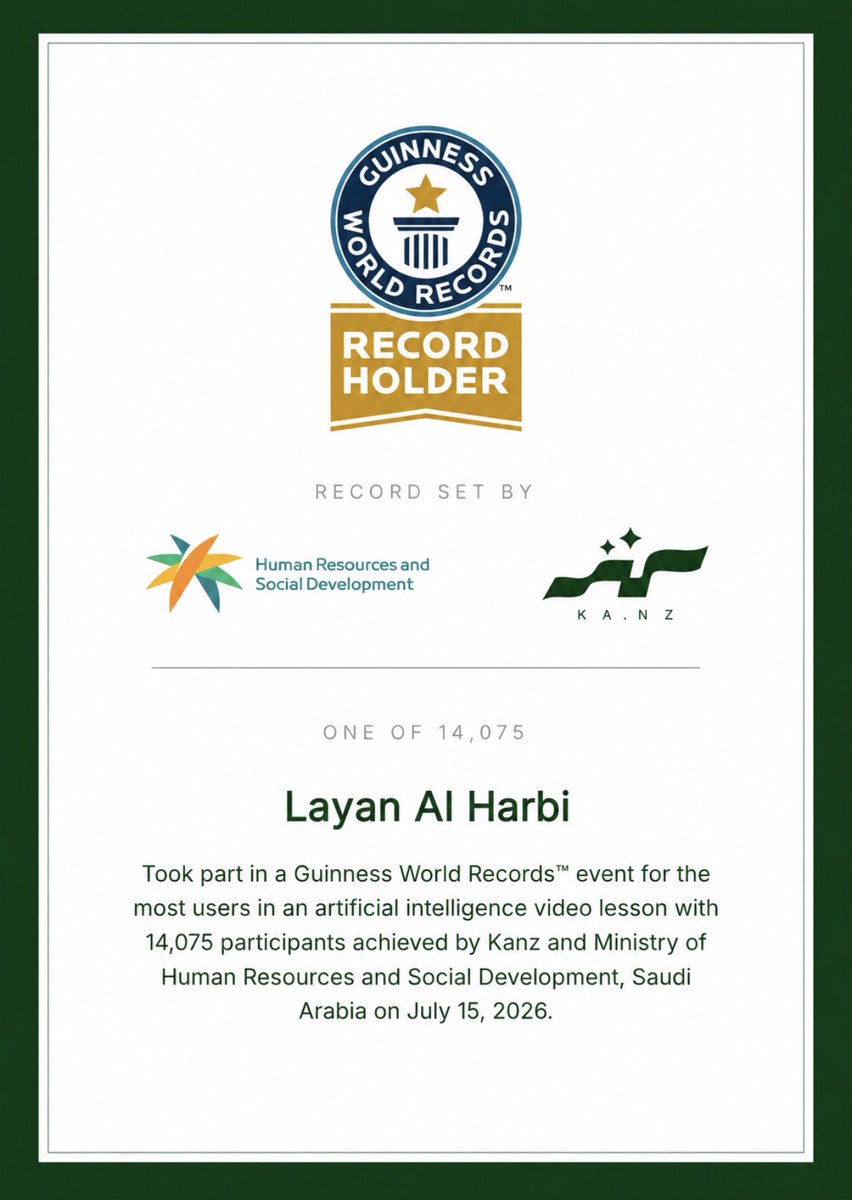 1laynn's tweet photo. من اخر التجارب الجميلة
شاركت في حدث كنز الذي حقق رقمًا قياسيًا في موسوعة غينيس، بالتعاون مع وزارة الموارد البشرية والتنمية الاجتماعية
وخلال الحدث، حصل مشروعي دلّني | Dallni على التقييم الذهبي 🥇 وهو مساعد ذكي يسهّل الوصول إلى الخدمات الحكومية بالذكاء الاصطناعي https://t.co/5L9hpUsn2Y