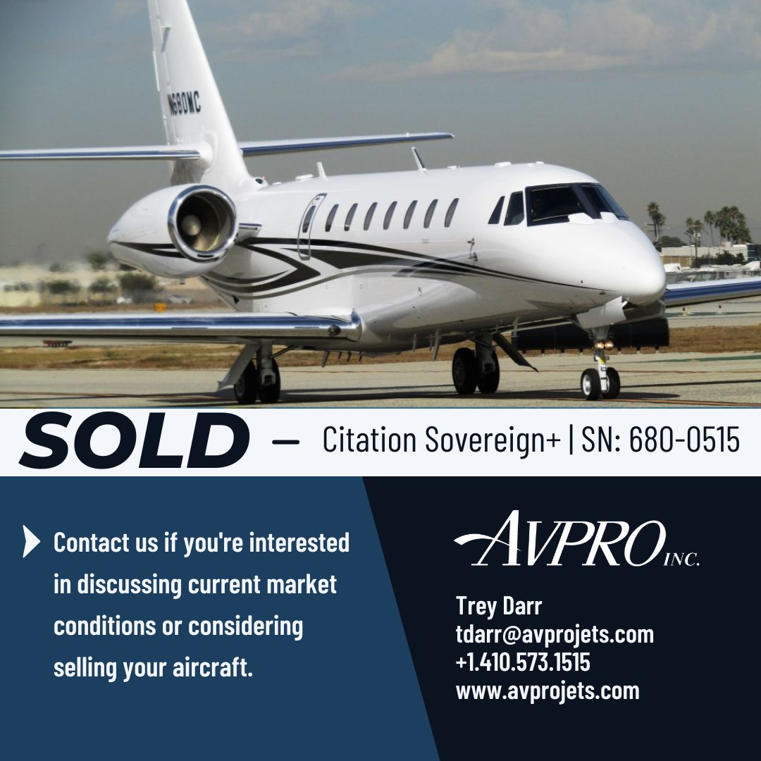AvproJets's tweet photo. SOLD!
Citation Sovereign+ | SN: 680-0515
Contact us if you're interested in discussing current market conditions or considering selling your aircraft.
https://t.co/rBdFroCev4
#avpro #avprojets #Cessna #businessaviation #businessjet https://t.co/jTvaHjYAKD