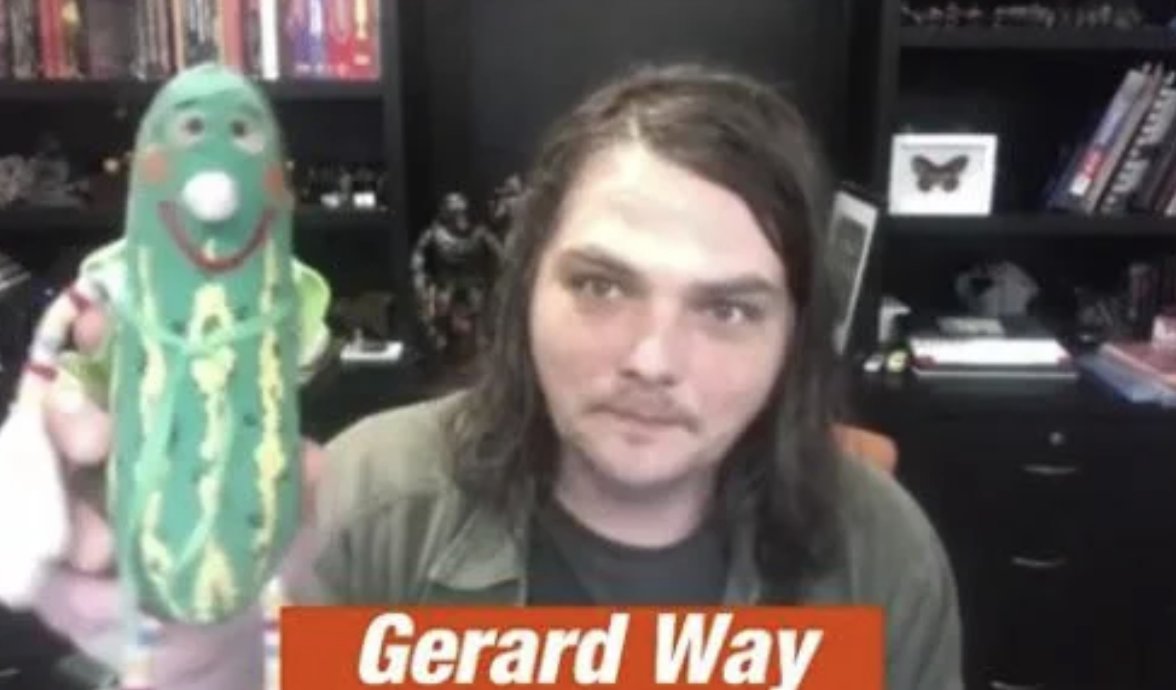 vampire_mouse_'s tweet photo. Gerard with his Super Pickle that his Grandmother while he was in the hospital after a Tonsillectomy. She also gave him his first comic books. https://t.co/K5HTrjb4SH